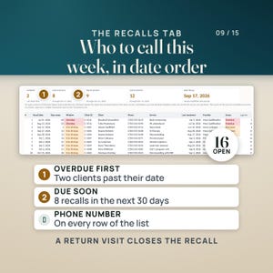 The Recalls tab of the workbook: 2 overdue, 8 due in 30 days, 9 in 60 days, 12 in 90 days and the next recall on Sep 17, 2026, above a date-ordered list with each client's phone number, service, last treatment, provider and status. A seal reads 16 open. Rows note overdue clients first, 8 recalls in the next 30 days, and a phone number on every row.