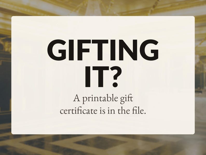 Może przedstawiać: Prostokątna, kremowa grafika cyfrowa z pogrubionym czarnym napisem GIFTING IT? oraz mniejszym czarnym tekstem A printable gift certificate is in the file. Projekt jest przedstawiony na rozmytym tle przedstawiającym wnętrze pomieszczenia.