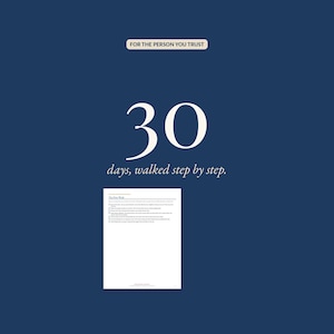 Big number 30: the For My Executor tab walks the first 30 days step by step, shown with the first week checklist page from the binder.