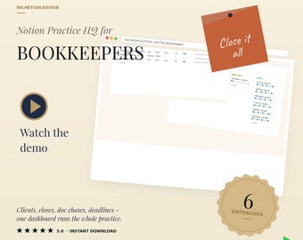 Bookkeeper Notion Template | Bookkeeping Business Tracker, Client CRM & Monthly Close Board | Invoice, Deadline, Document Request Log