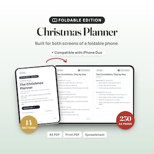 K&ouml;nnte beinhalten: Ein digitaler Weihnachtsplaner Foldable Edition f&uuml;r faltbare Telefone, kompatibel mit dem iPhone Duo. Die Oberfl&auml;che zeigt einen Index, einen t&auml;glichen Countdown-Zeitplan, 14 Abschnitte und 230 A5-Seiten als PDF und Tabellenkalkulation.