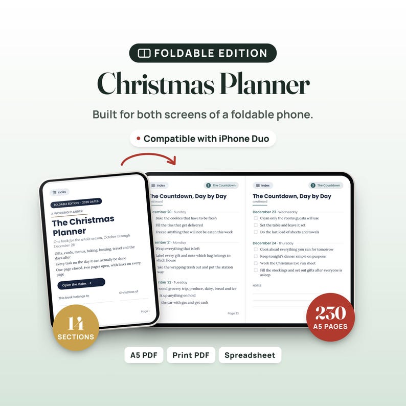 K&ouml;nnte beinhalten: Ein digitaler Weihnachtsplaner Foldable Edition f&uuml;r faltbare Telefone, kompatibel mit dem iPhone Duo. Die Oberfl&auml;che zeigt einen Index, einen t&auml;glichen Countdown-Zeitplan, 14 Abschnitte und 230 A5-Seiten als PDF und Tabellenkalkulation.