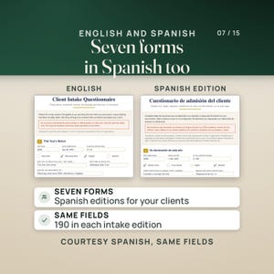 Page 1 of the Client Intake Questionnaire in English beside its Spanish edition, Cuestionario de admisión del cliente, both filled in for sample clients, with the same layout and fields. Rows note seven forms with Spanish editions and 190 fields in each intake edition. Caption: courtesy Spanish, same fields.