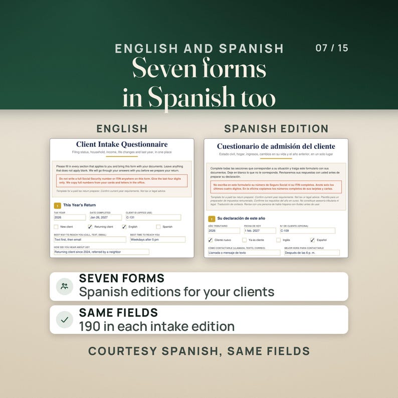 Page 1 of the Client Intake Questionnaire in English beside its Spanish edition, Cuestionario de admisión del cliente, both filled in for sample clients, with the same layout and fields. Rows note seven forms with Spanish editions and 190 fields in each intake edition. Caption: courtesy Spanish, same fields.
