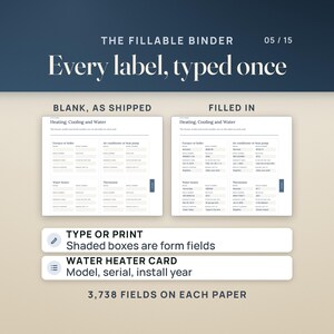 Binder page 21, Heating, Cooling and Water, side by side: blank as shipped, and filled in with the furnace, air conditioner, water heater and thermostat cards (brand, model, serial number, installed year, warranty and service company). The binder has 3,738 form fields on each paper size.