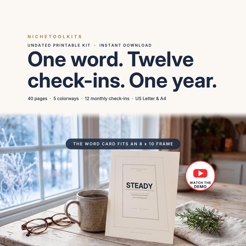 Peut inclure: Un kit imprimable intitul&eacute; One word. Twelve check-ins. One year. comprenant 40 pages, 5 coloris et 12 bilans mensuels aux formats US Letter et A4. Une carte avec le mot STEADY s'adapte &agrave; un cadre 8 x 10, pr&egrave;s d'une tasse et de lunettes.