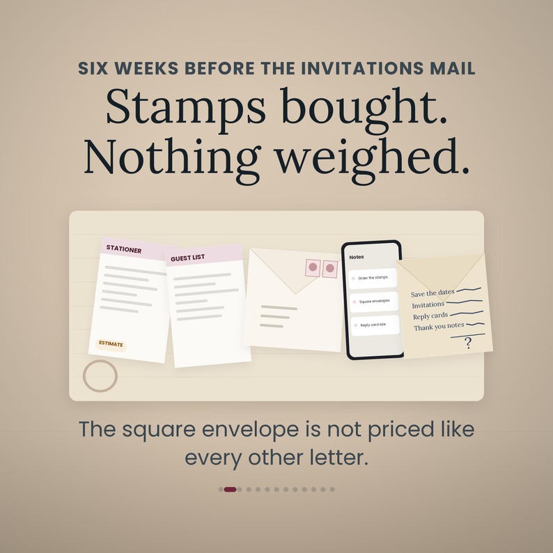 A wedding stationery desk drawn on clay: a stationer estimate, a guest list, a square invitation envelope with two stamps, a phone note list and a hand-written envelope. Headline: Stamps bought. Nothing weighed.