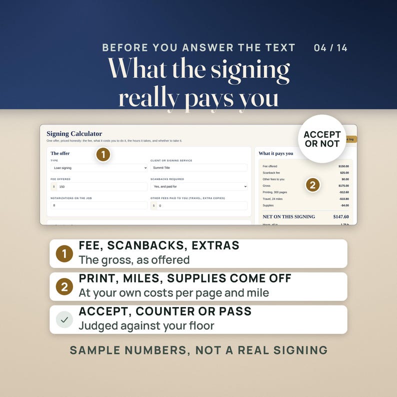 Mobile Notary Fee and Profit Dashboard | Net Pay Per Signing Calculator App, No Install | Mileage, Print Cost & Invoice Aging image 4