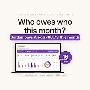 May include: A digital budget spreadsheet template for Excel and Google Sheets titled Couples & Family Budget. The dashboard displays financial data, including a bar chart, a pie chart, and a purple banner stating Jordan pays Alex $786.73 this month.