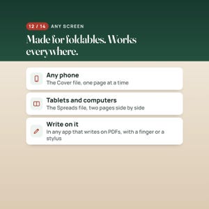 K&ouml;nnte beinhalten: Eine Infografik mit dunkelgr&uuml;ner Kopfzeile mit der Aufschrift 12 / 14 ANY SCREEN Made for foldables. Works everywhere. Drei wei&szlig;e rechteckige Karten listen die Kompatibilit&auml;t auf: Any phone, Tablets and computers, Write on it.