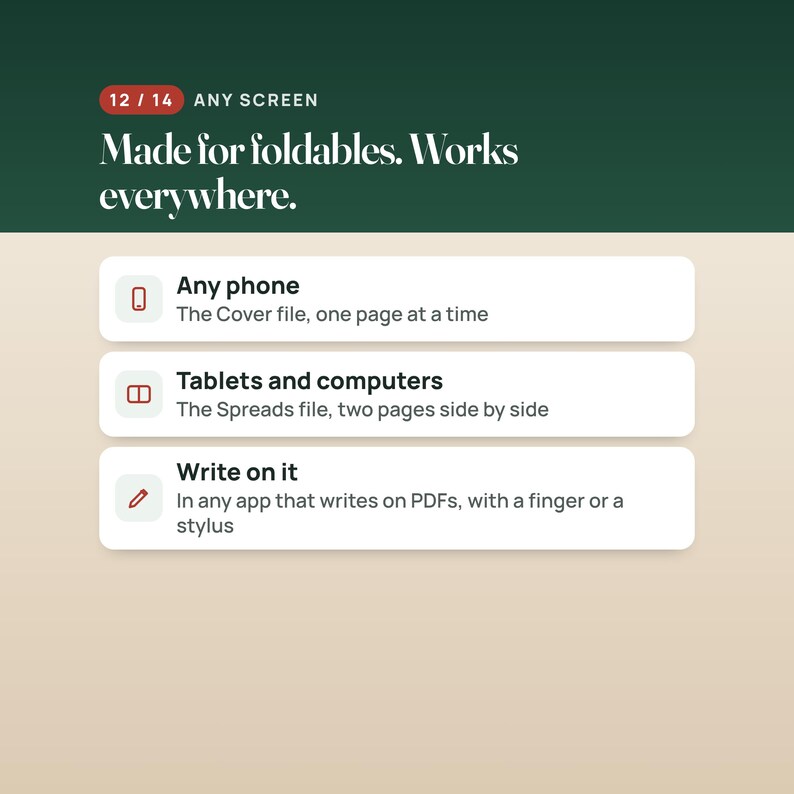 K&ouml;nnte beinhalten: Eine Infografik mit dunkelgr&uuml;ner Kopfzeile mit der Aufschrift 12 / 14 ANY SCREEN Made for foldables. Works everywhere. Drei wei&szlig;e rechteckige Karten listen die Kompatibilit&auml;t auf: Any phone, Tablets and computers, Write on it.