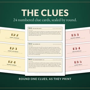 K&ouml;nnte beinhalten: Ein Set aus 24 nummerierten Hinweiskarten f&uuml;r ein Spiel, dargestellt auf drei wei&szlig;en Bl&auml;ttern. Die Karten enthalten Text, Namen und Rundenbezeichnungen wie R2-2 und R3-3. Das mittlere Blatt enth&auml;lt detaillierte erz&auml;hlende Texte unter THE CLUES.