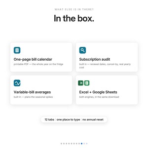 Peut inclure: Un aper&ccedil;u de produit num&eacute;rique intitul&eacute; What else is in there? In the box. Il liste quatre fonctionnalit&eacute;s : One-page bill calendar, Subscription audit, Variable-bill averages, et Excel + Google Sheets, avec 12 tabs, one place to type, no annual reset.