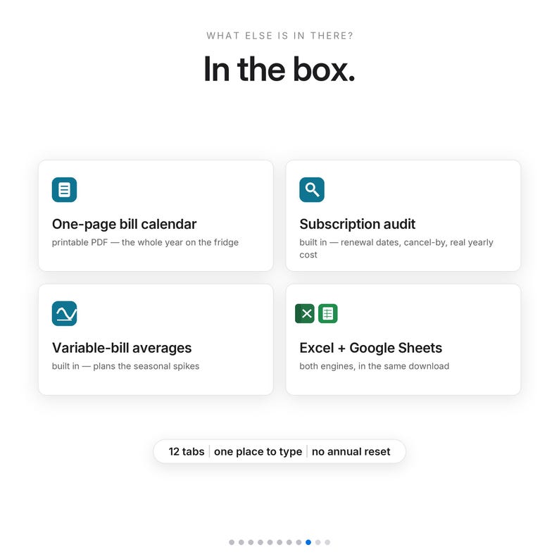 Peut inclure: Un aper&ccedil;u de produit num&eacute;rique intitul&eacute; What else is in there? In the box. Il liste quatre fonctionnalit&eacute;s : One-page bill calendar, Subscription audit, Variable-bill averages, et Excel + Google Sheets, avec 12 tabs, one place to type, no annual reset.