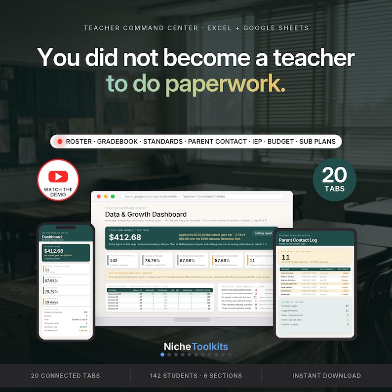 May include: A digital teacher command center for Excel and Google Sheets featuring a data and growth dashboard, a mobile dashboard view, and a parent contact log. The interface includes 20 tabs, tracking 142 students across 6 sections.