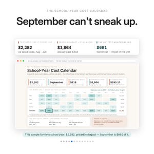 May include: A digital spreadsheet titled School-Year Cost Calendar displaying financial data for a family. The interface includes a grid showing monthly expenses for individuals named Ava, Ben, and Lucy, with a total of $2,282 for the school year.