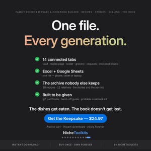 May include: A digital family recipe keepsake and cookbook builder file with a black background. Text includes One file. Every generation., 14 connected tabs, Excel + Google Sheets, The archive nobody else keeps, Built to be given, and NicheToolkits.