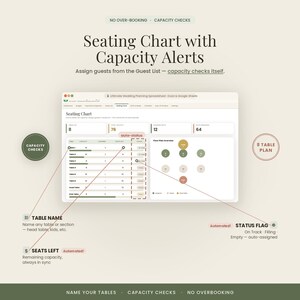 Peut inclure: Une interface de tableur pour plan de table num&eacute;rique avec alertes de capacit&eacute;, champs de noms de table et indicateurs de statut automatis&eacute;s. La mise en page comprend une liste de tables avec des mesures de capacit&eacute; et un aper&ccedil;u du plan.