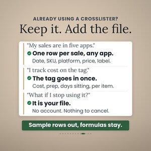 May include: A digital graphic with the text ALREADY USING A CROSSLISTER? Keep it. Add the file. It features three sections with quotes and green checkmarks detailing data tracking for sales, costs, and file ownership, ending with Sample rows out, formulas stay.