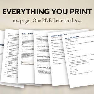 Może przedstawiać: Kolekcja dokument&oacute;w do druku zatytułowana EVERYTHING YOU PRINT, zawierająca 102 strony w jednym pliku PDF dostępnym w formatach Letter i A4. Strony zawierają czarny tekst na białym papierze, w tym odliczanie oraz certyfikat nagrody.