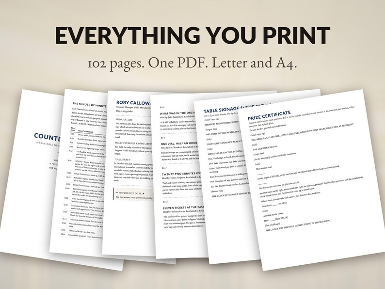 Może przedstawiać: Kolekcja dokument&oacute;w do druku zatytułowana EVERYTHING YOU PRINT, zawierająca 102 strony w jednym pliku PDF dostępnym w formatach Letter i A4. Strony zawierają czarny tekst na białym papierze, w tym odliczanie oraz certyfikat nagrody.