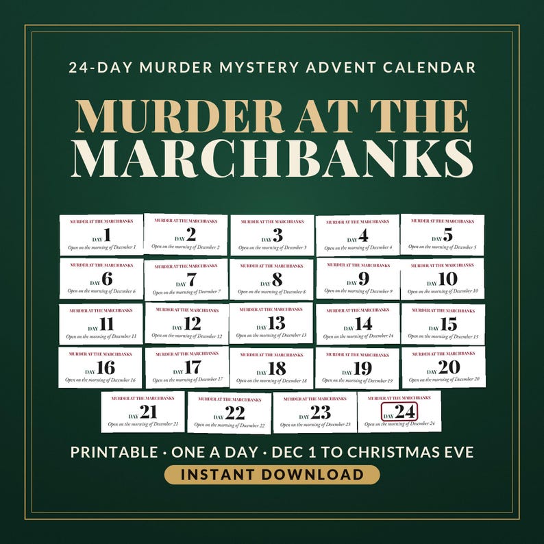 Murder Mystery Advent Calendar Printable, 24 Day Christmas Detective Game for Adults and Teens, Murder at the Marchbanks, Cozy Whodunit bild 1