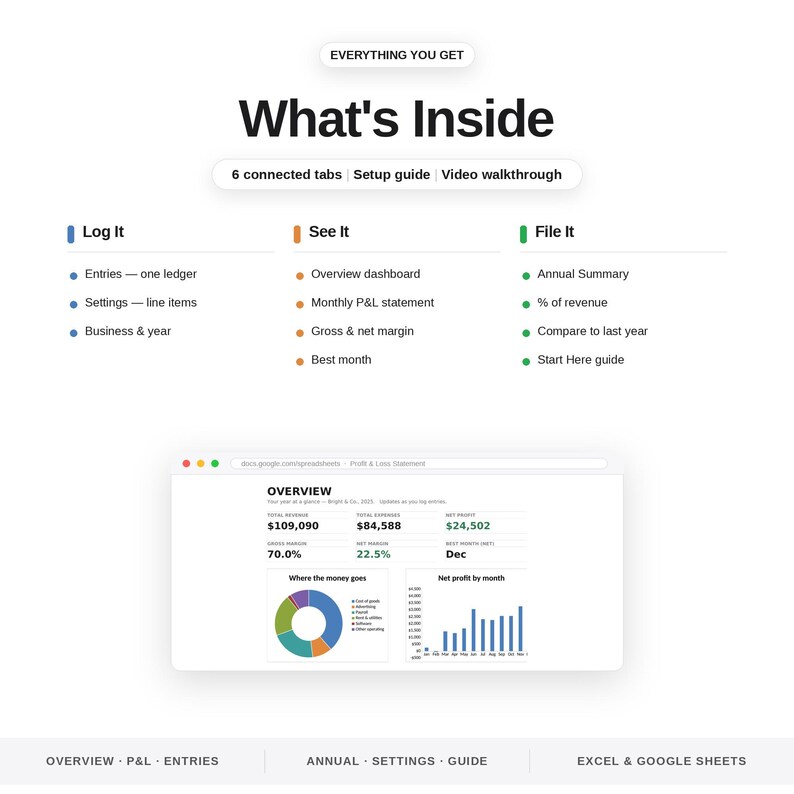 May include: A digital spreadsheet dashboard titled What's Inside featuring sections Log It, See It, and File It. It includes a preview of an overview page with financial data, a pie chart, and a bar graph, plus navigation tabs for Excel and Google Sheets.