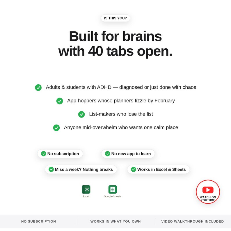 ADHS Planer Vorlage | Digital Life Organizer für Excel & Google Sheets | Selbstsortierende Aufgabenmatrix, Gehirndump, sanfte Gewohnheiten Bild 10