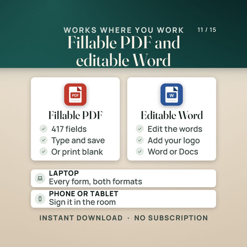 May include: A digital product graphic titled Works Where You Work, featuring a red Fillable PDF icon with 417 fields, type and save, or print blank options, and a blue Editable Word icon with edit, add logo, and Word or Docs compatibility options.