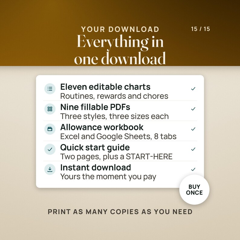 What you get in one download: eleven editable charts for routines, rewards and chores; nine fillable PDFs, three styles in three sizes each; the allowance workbook for Excel and Google Sheets with 8 tabs; a two-page quick start guide plus a START-HERE file; instant download. A seal reads buy once. Caption: print as many copies as you need.