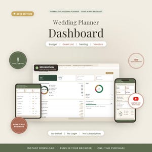 Wedding Planning Dashboard App | Interactive Budget, Guest List, RSVP & Seating Chart Planner | Runs in Any Browser, No Subscription image 1