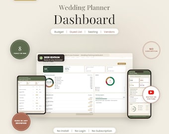 Application de tableau de bord pour la planification de mariage | Budget interactif, liste d'invités, RSVP et planificateur de table | Fonctionne dans n'importe quel navigateur, sans abonnement
