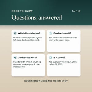 Questions answered: which file to open, whether you can write on it (yes, with Send to Kindle), whether the tabs work (standard PDF links; message me if anything does not), and that it is dated Nov 1, 2026 to Dec 31, 2027.