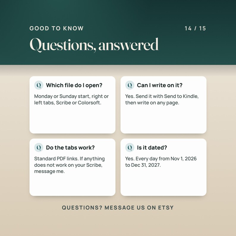 Questions answered: which file to open, whether you can write on it (yes, with Send to Kindle), whether the tabs work (standard PDF links; message me if anything does not), and that it is dated Nov 1, 2026 to Dec 31, 2027.