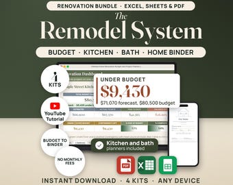 Home Renovation Planner Spreadsheet Bundle: Renovation Budget, Kitchen and Bathroom Remodel, Home Maintenance Binder and Tracker