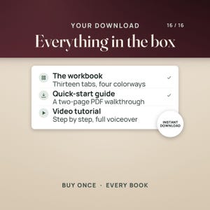 May include: A digital download information graphic titled Your Download Everything in the box 16/16. It lists a workbook with thirteen tabs and four colorways, a two-page PDF quick-start guide, and a video tutorial with voiceover. Includes an Instant Download badge.