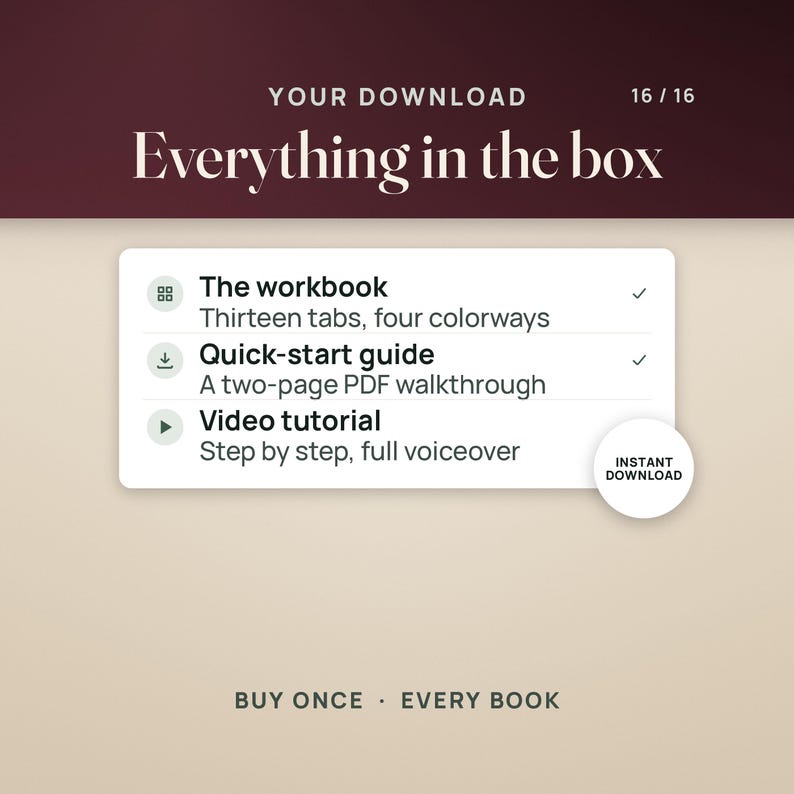 May include: A digital download information graphic titled Your Download Everything in the box 16/16. It lists a workbook with thirteen tabs and four colorways, a two-page PDF quick-start guide, and a video tutorial with voiceover. Includes an Instant Download badge.