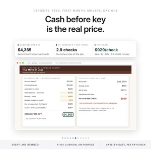 May include: A digital infographic titled Cash before key is the real price, displaying a financial breakdown for apartment move-in costs. It includes a spreadsheet view labelled First Apartment Command Center with itemised expenses and a savings plan.