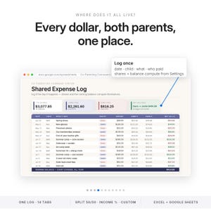 Spreadsheet voor co-ouderschapsplanning | Voogdijregistratie en alimentatieadministratie voor Excel en Google Sheets | Calculator voor het verdelen van gedeelde kosten afbeelding 4