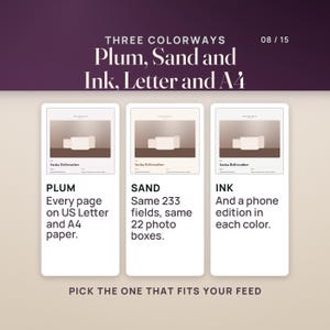 Three colorways of the portfolio cover, Plum, Sand and Ink, each with a cover photo, the creator's name, handle and niche. Every page comes on US Letter and A4, with the same 233 fields and 22 photo boxes, and a phone edition in each color.