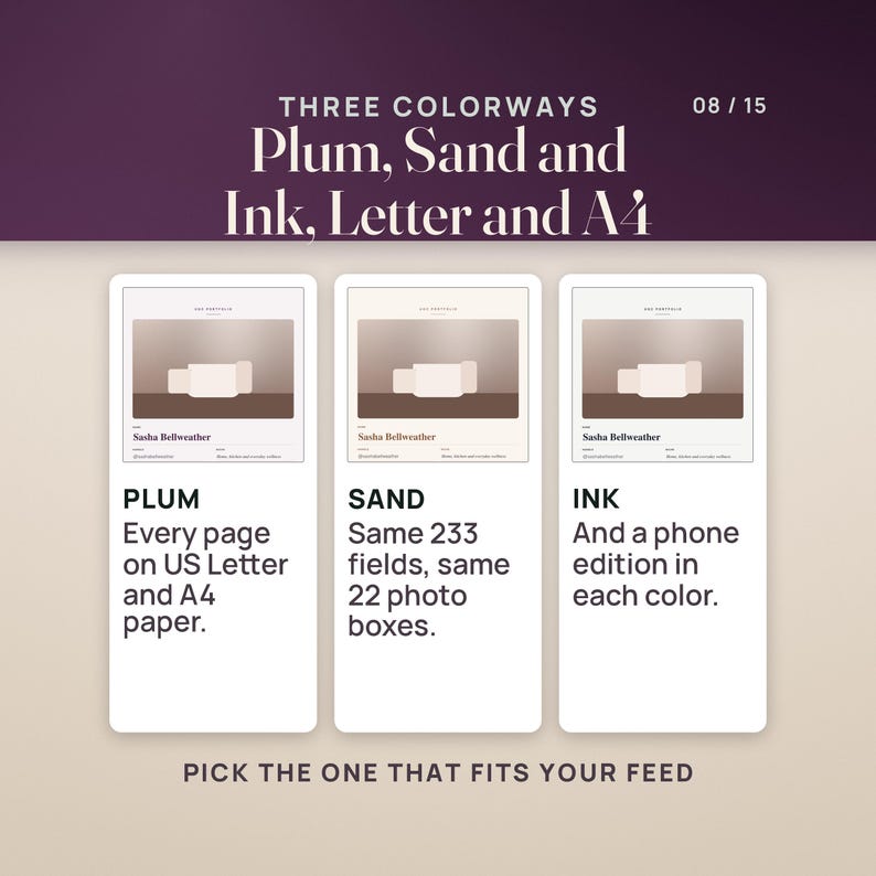 Three colorways of the portfolio cover, Plum, Sand and Ink, each with a cover photo, the creator's name, handle and niche. Every page comes on US Letter and A4, with the same 233 fields and 22 photo boxes, and a phone edition in each color.