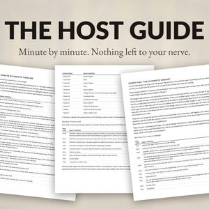 Może przedstawiać: Trzy białe zadrukowane strony zatytułowane THE HOST GUIDE z podtytułem Minute by minute. Nothing left to your nerve. Dokumenty zawierają szczeg&oacute;łowe tabele z czarnym tekstem oraz akapity opisujące harmonogram i instrukcje gry.