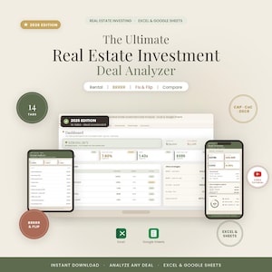 May include: A digital real estate investment deal analyser spreadsheet for Excel and Google Sheets, 2026 edition. The interface displays a dashboard with financial metrics, rental analysis, and deal scorecards across multiple tabs for investment strategies.