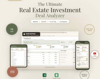 Foglio di calcolo per l'analisi di operazioni di investimento immobiliare / Calcolatore per immobili in affitto, BRRRR e Fix and Flip / Excel e Fogli Google