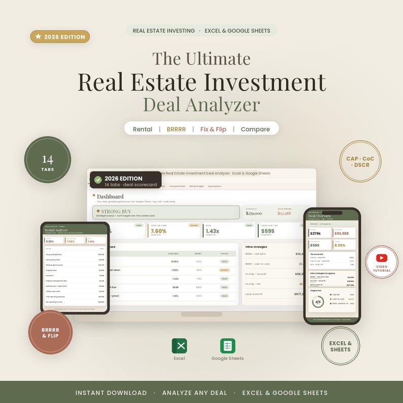 May include: A digital real estate investment deal analyser spreadsheet for Excel and Google Sheets, 2026 edition. The interface displays a dashboard with financial metrics, rental analysis, and deal scorecards across multiple tabs for investment strategies.