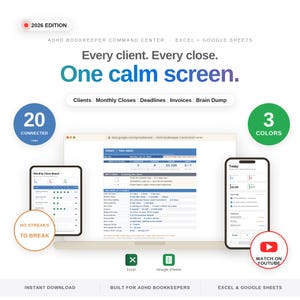 ADHD bookkeeper planner spreadsheet dashboard on laptop and phone in Excel and Google Sheets, a bookkeeping command center tracking clients, monthly close board, filing deadlines, missing documents, invoices and a daily brain dump