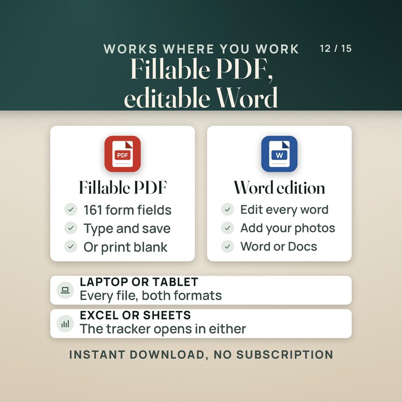 Puede incluir: Un gr&aacute;fico de informaci&oacute;n de producto titulado Works Where You Work. Muestra caracter&iacute;sticas para un PDF rellenable con 161 campos y un documento Word editable. Indica compatibilidad con port&aacute;tiles, tabletas, Excel y Sheets, adem&aacute;s de descarga.