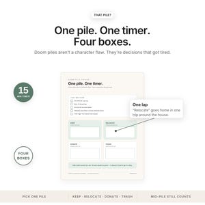 May include: A white organisational planner sheet titled Doom Pile Tricks with sections for Keep, Relocate, Donate, and Trash. It includes a 15-minute timer icon, a four-box graphic, and text explaining the method to sort household clutter efficiently.