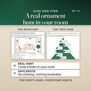 A real ornament hunt in your room: the Host Guide's Room Map for hiding the ornament cards in safe spots (no climbing, nothing breakable) beside the Junior tree page with its six ornament outlines.