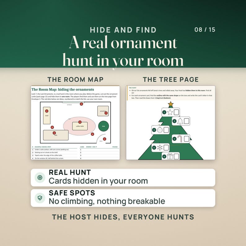 A real ornament hunt in your room: the Host Guide's Room Map for hiding the ornament cards in safe spots (no climbing, nothing breakable) beside the Junior tree page with its six ornament outlines.